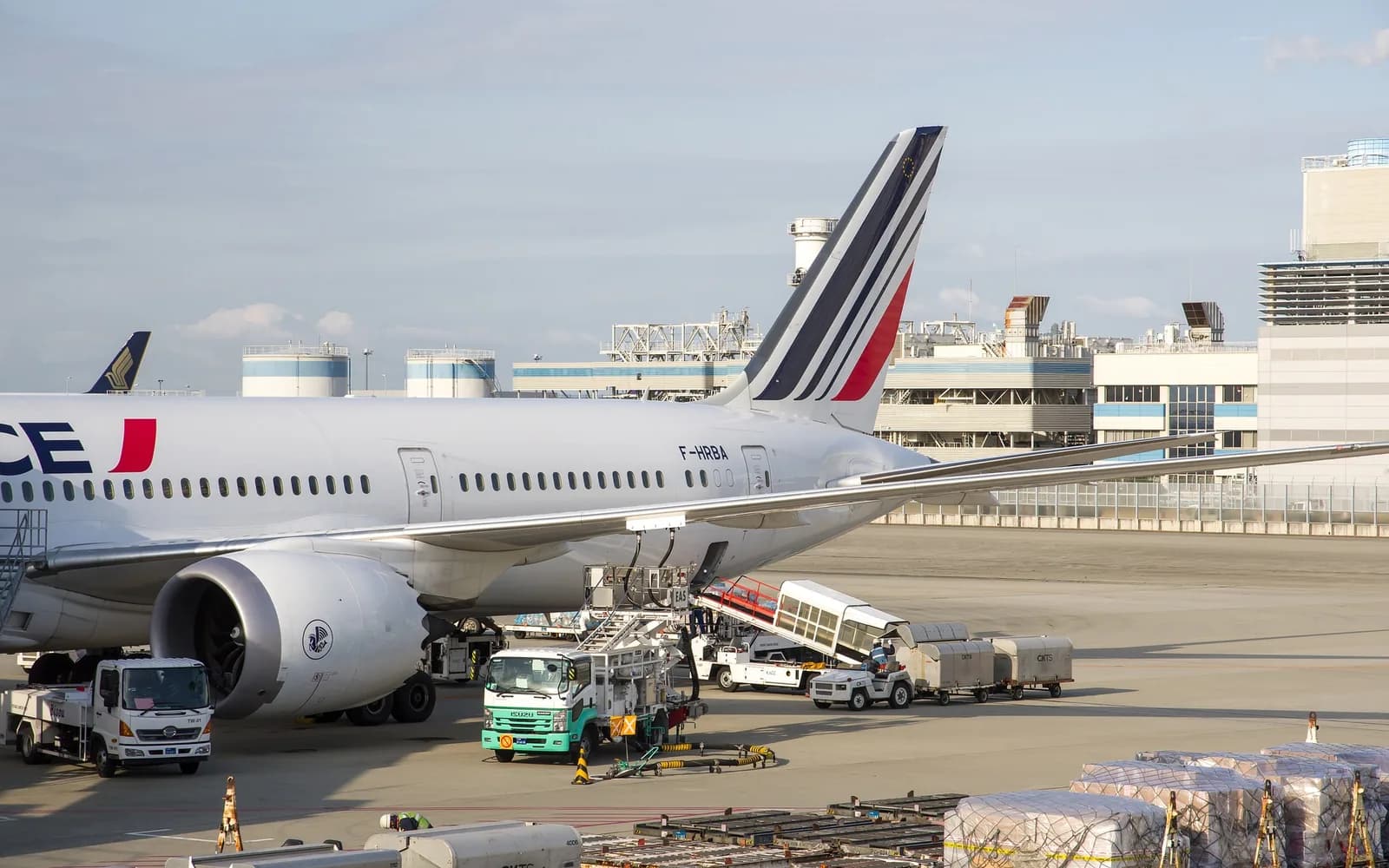 Air France cargo aircraft on the apron during daylight freight operations