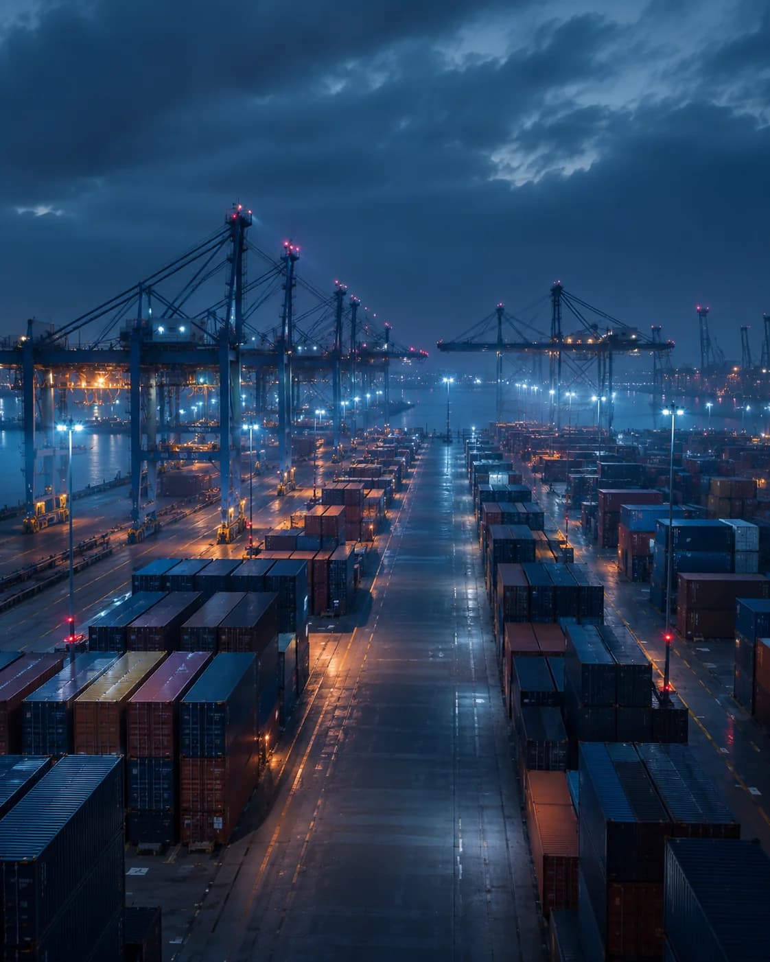 Track shipment — shell visual Container yard at night with gantry cranes and marked container rows